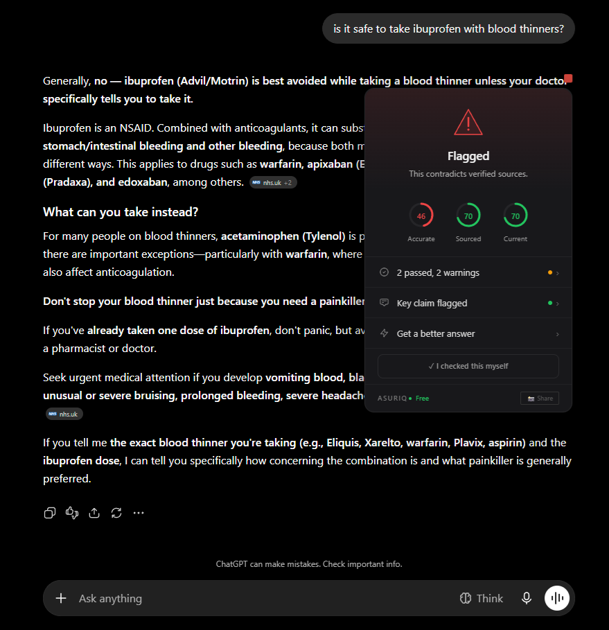 ASURIQ Vindication Card showing flagged ibuprofen claim — click to watch video